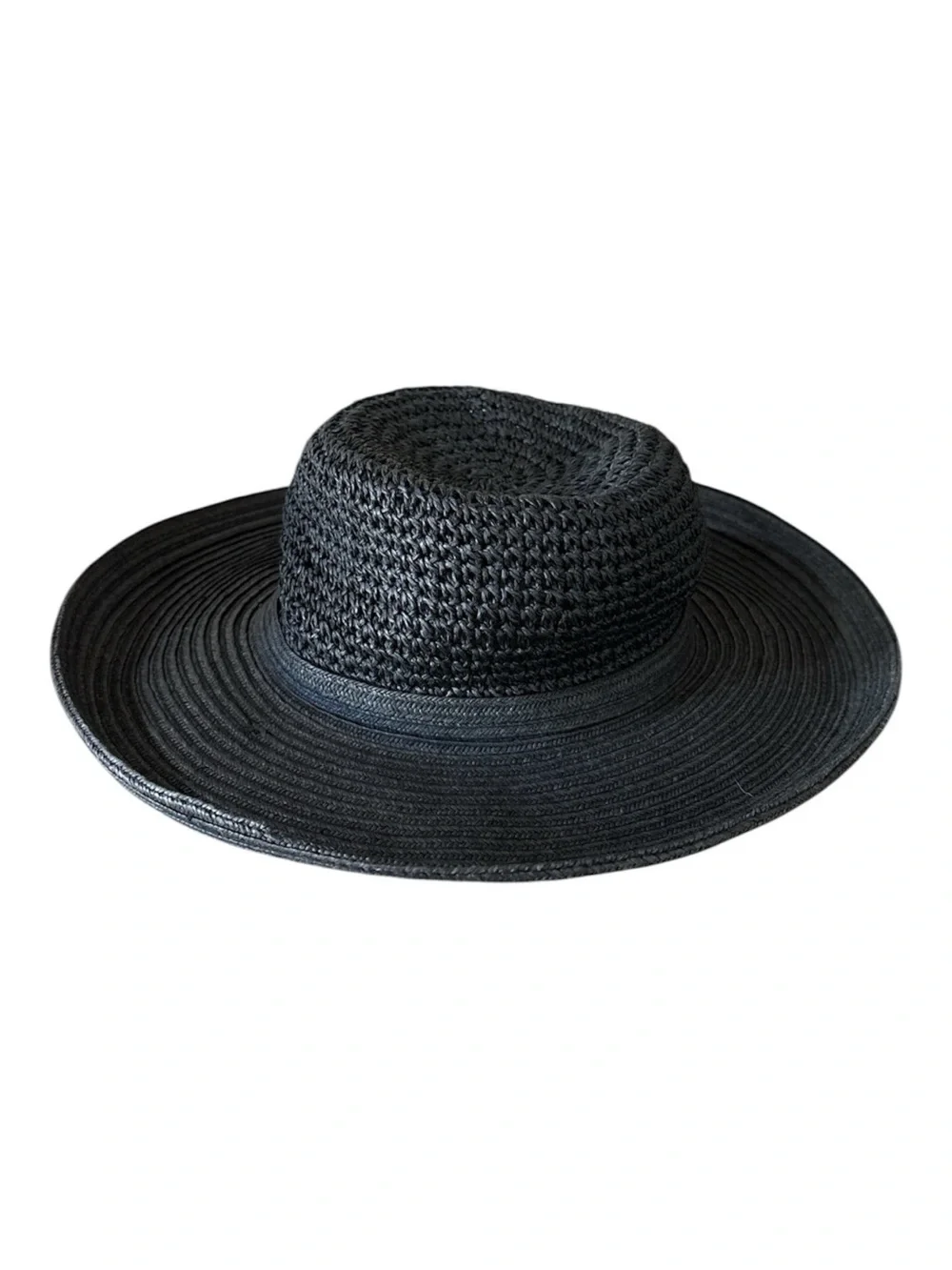 Silver Wave Black Straw Sun Hat Wide Brim Boho Resort Beach Glam NWOT